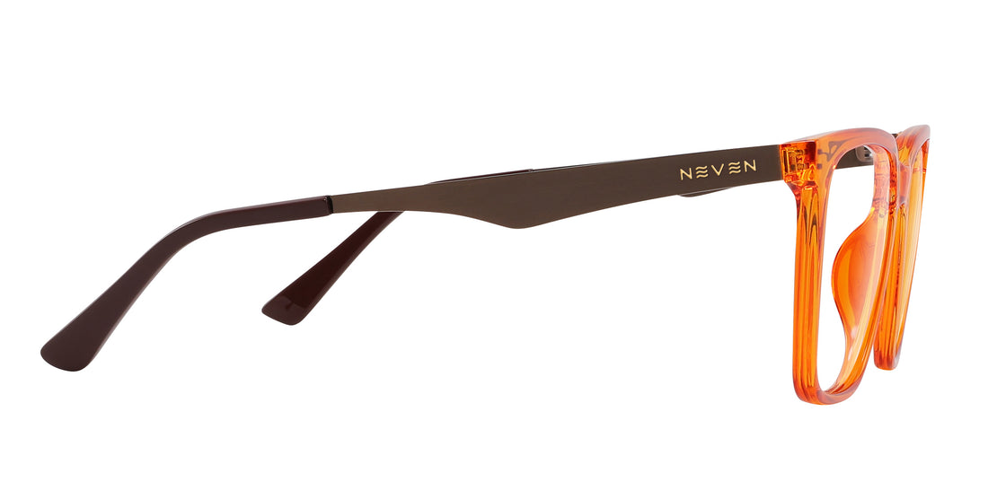 Side view of Java sunglasses showcasing orange amber transparent frame and bronze metallic temple on white background