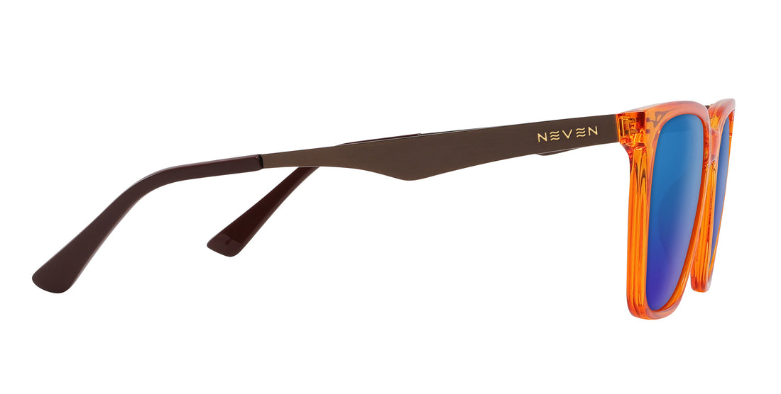 Side view of Java sunglasses showcasing orange amber frame, bronze metal temple with Neven logo and blue lens on white