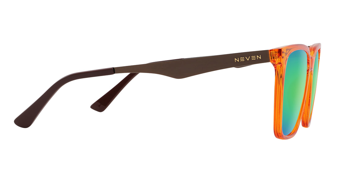 Right side close up of Java Rx sunglasses with orange amber frame, bronze metal temples and gold Neven logo on white