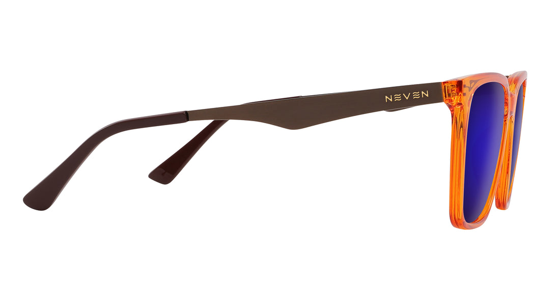 Side close-up of Java Rx sunglasses showcasing orange-amber frame, bronze temple with Neven logo on white background