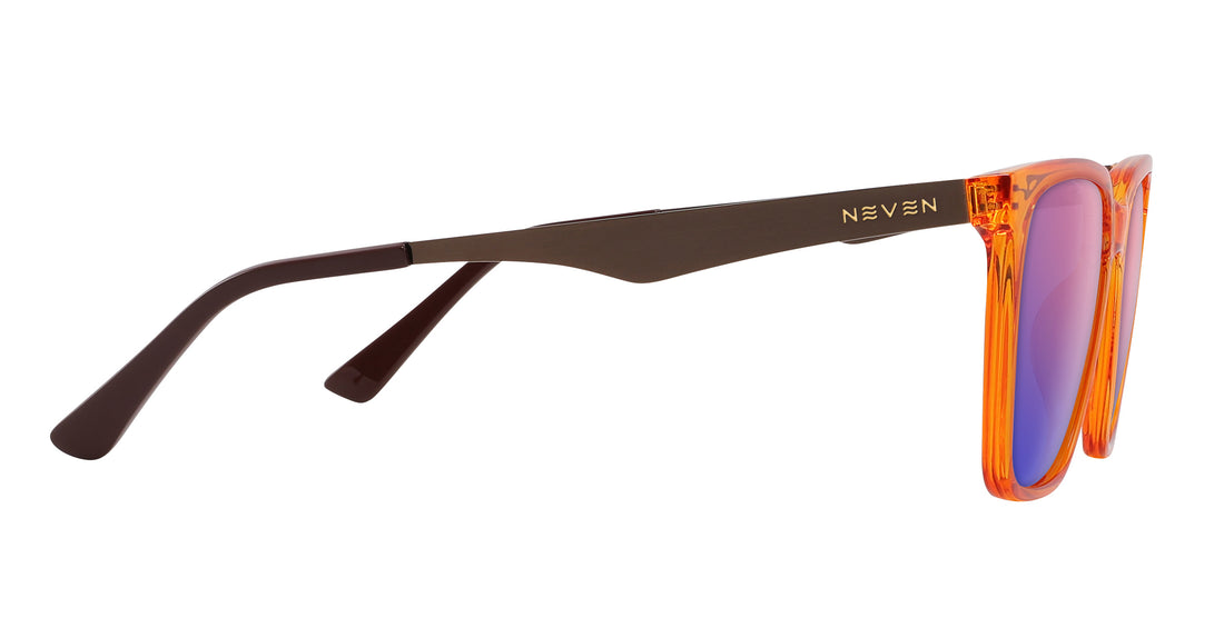 Side view of Java prescription sunglasses showcasing orange amber transparent frame, bronze metal temples, and purple mirrored lenses on white background