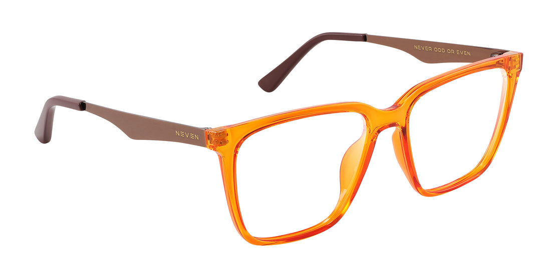 Angled close-up of Java prescription sunglasses showing orange amber frame and bronze metal temples on white background