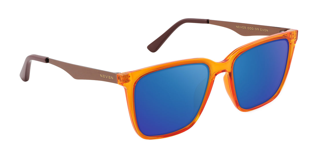 Right three-quarter view of Java prescription sunglasses showcasing orange amber transparent frame and bronze metal temples on white background