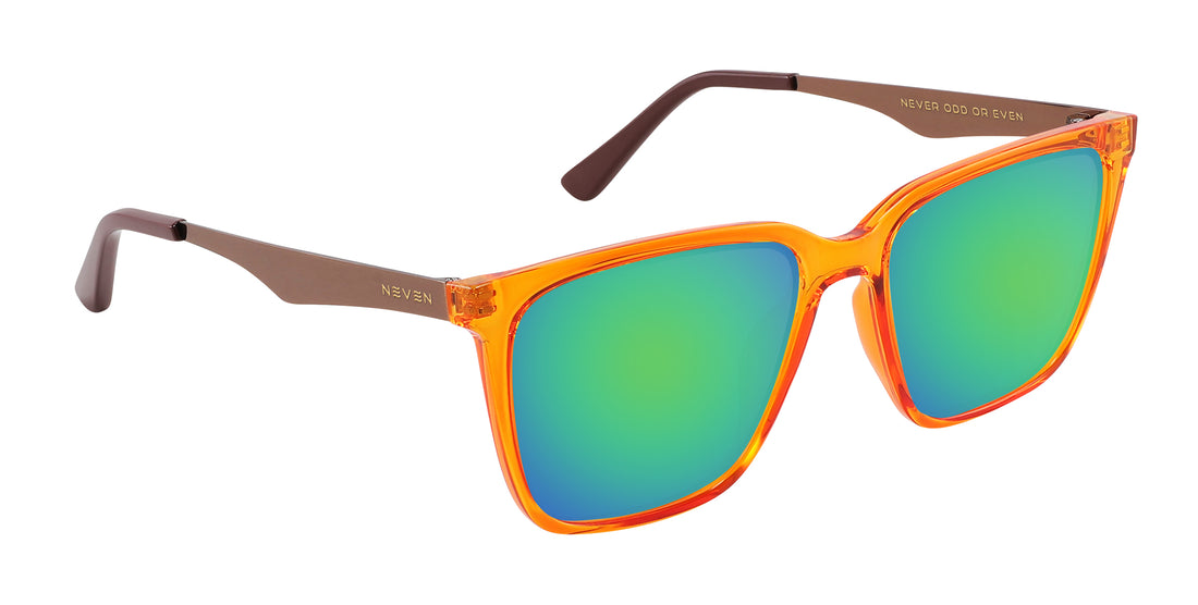 Close-up right-side of Java sunglasses showcasing orange-amber transparent frame, bronze metal temples, and green mirrored lenses on white background
