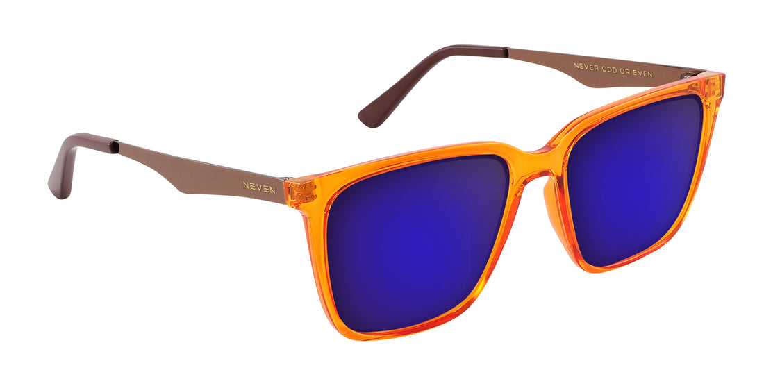 Three-quarter close-up of Java sunglasses with orange-amber transparent frames and bronze metal temples on white background
