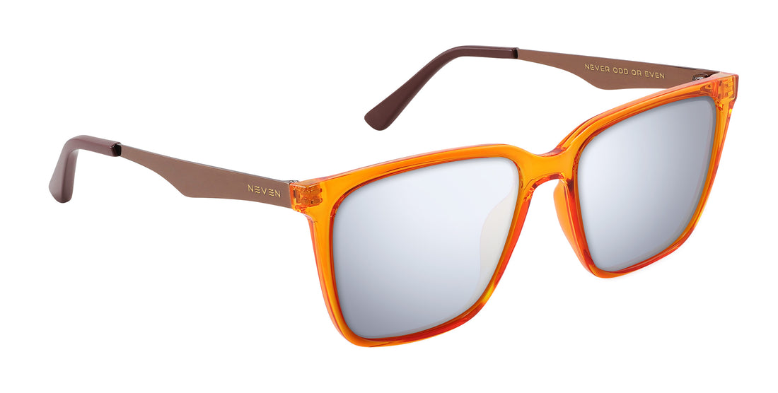Angled close-up of Java prescription sunglasses with orange-amber transparent frames, bronze metal temples, and mirrored lenses on white background