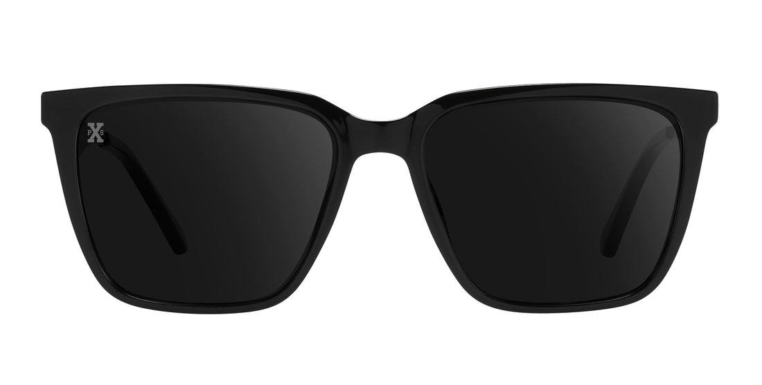 Front close-up of Mamba sunglasses showing glossy black rectangular frames with black polarized lenses on white background