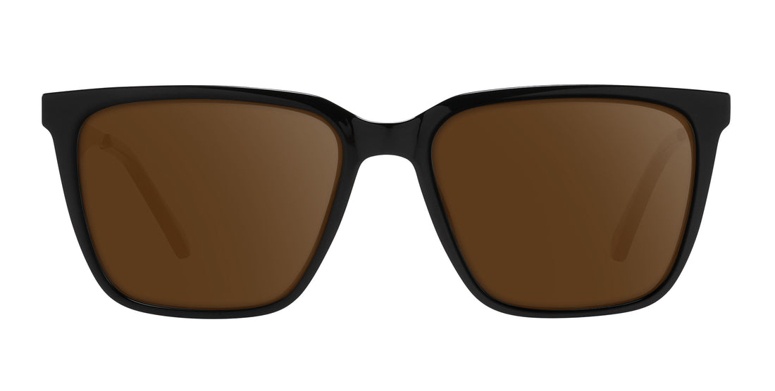 Front view of Mamba Rx sunglasses showing large glossy black rectangular frame and brown lenses on white background