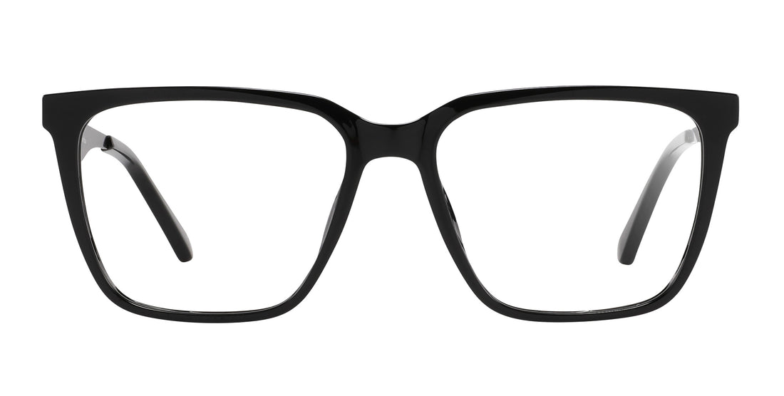Front close-up of Mamba Rx glasses showing glossy black rectangular frames and matte black metal temples on white background