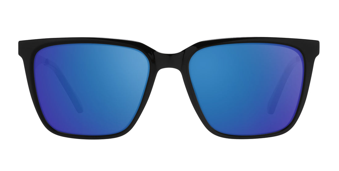 Front close up of Mamba sunglasses showing glossy black rectangular frames and blue mirrored lenses on white background