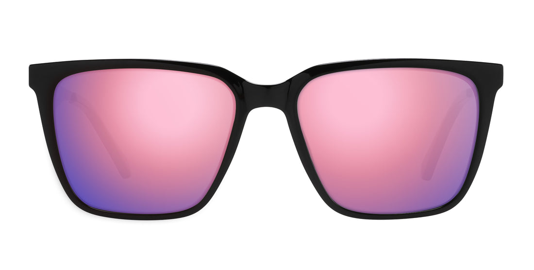 Front close-up of Mamba sunglasses showcasing glossy black rectangular frames and pink mirrored lenses on white background