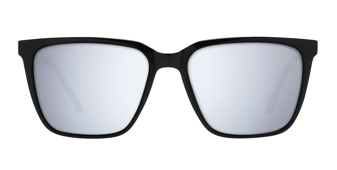 Front view of Mamba prescription sunglasses with glossy black rectangular frames and mirrored lenses on white background