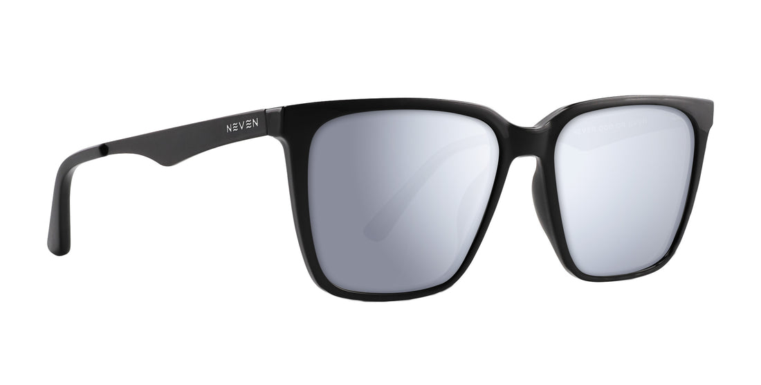 Close-up of Mamba prescription sunglasses, glossy black rectangular frame, matte black metal temples, silver mirrored lenses