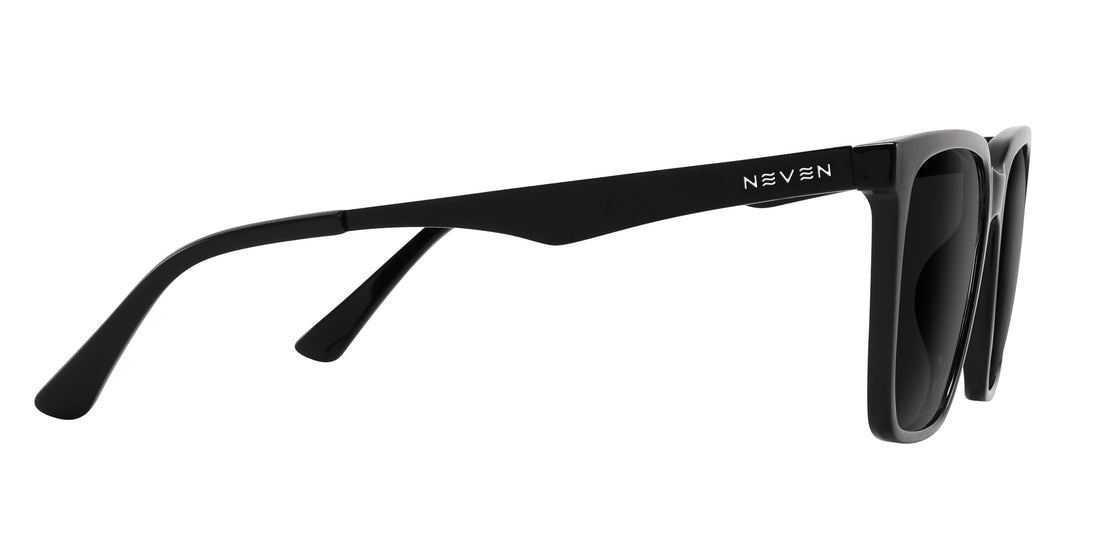 Side view of Mamba Rx sunglasses showcasing glossy black rectangular frame and matte black metal temples on white background