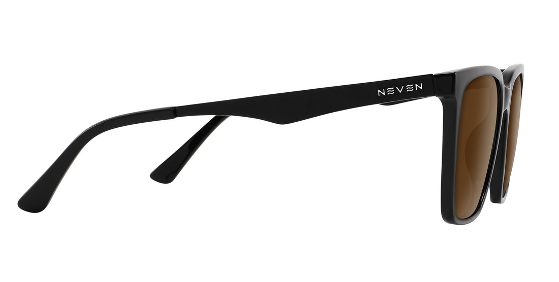 Side view of Mamba prescription sunglasses with glossy black rectangular frame, matte black temple and NEVEN logo on white
