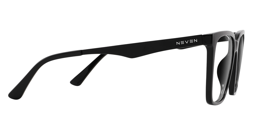 Right-side close-up of Mamba Rx sunglasses showing glossy black frame and matte metal temple with Neven logo on white