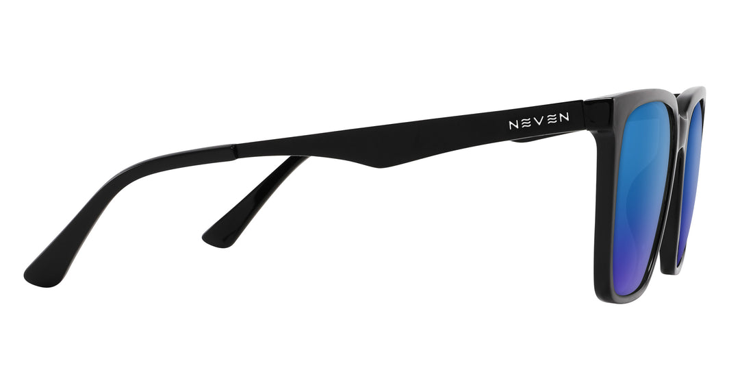 Side view of Mamba Rx sunglasses: glossy black frame, matte temple with Neven logo, blue mirrored lenses, white background