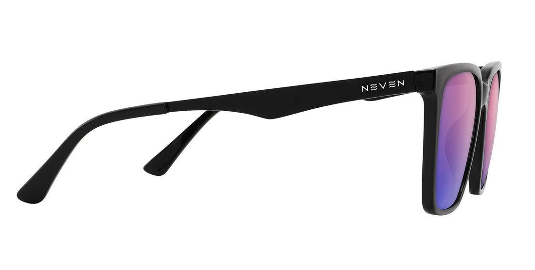 Side close-up of Mamba sunglasses showing glossy black frame, matte temple with Neven logo and pink lenses on white background