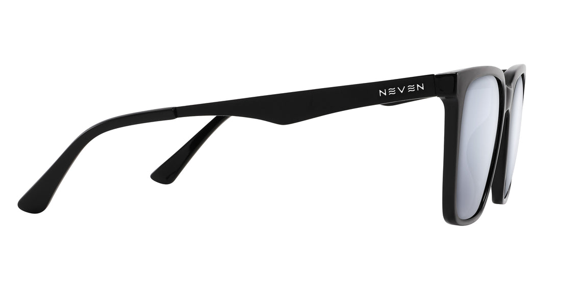 Side close-up of Mamba sunglasses showing glossy black frame and matte metal temple with NEVEN logo on white background