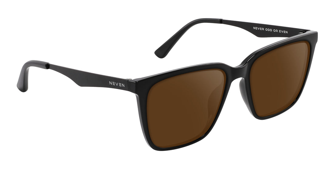 Three-quarter view of Mamba Rx sunglasses with glossy black rectangular frames, matte black metal temples and brown lenses