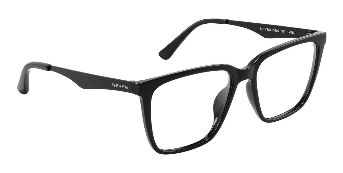 Angled close-up of Mamba prescription glasses showcasing glossy black rectangular frames and matte black metal temples on white background