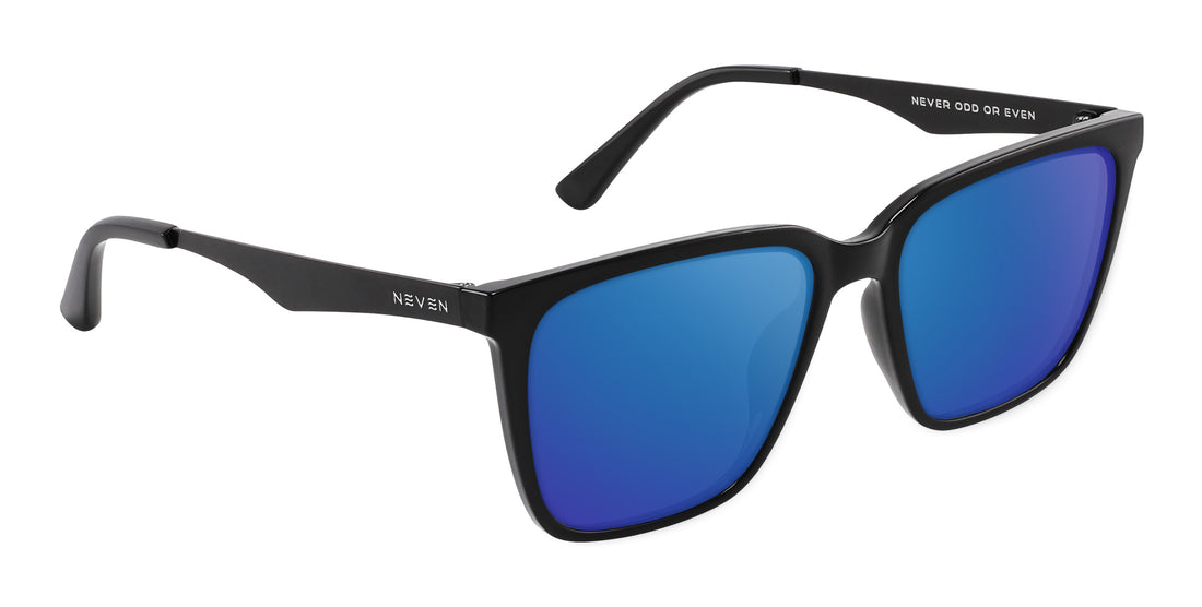 Angled close-up of Mamba Rx sunglasses showcasing glossy black frame, metal temples, and blue mirrored lenses on white