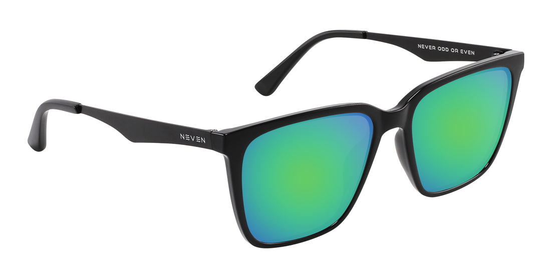 Angled close-up of Mamba sunglasses with glossy black frame, matte metal temples and green mirrored lenses