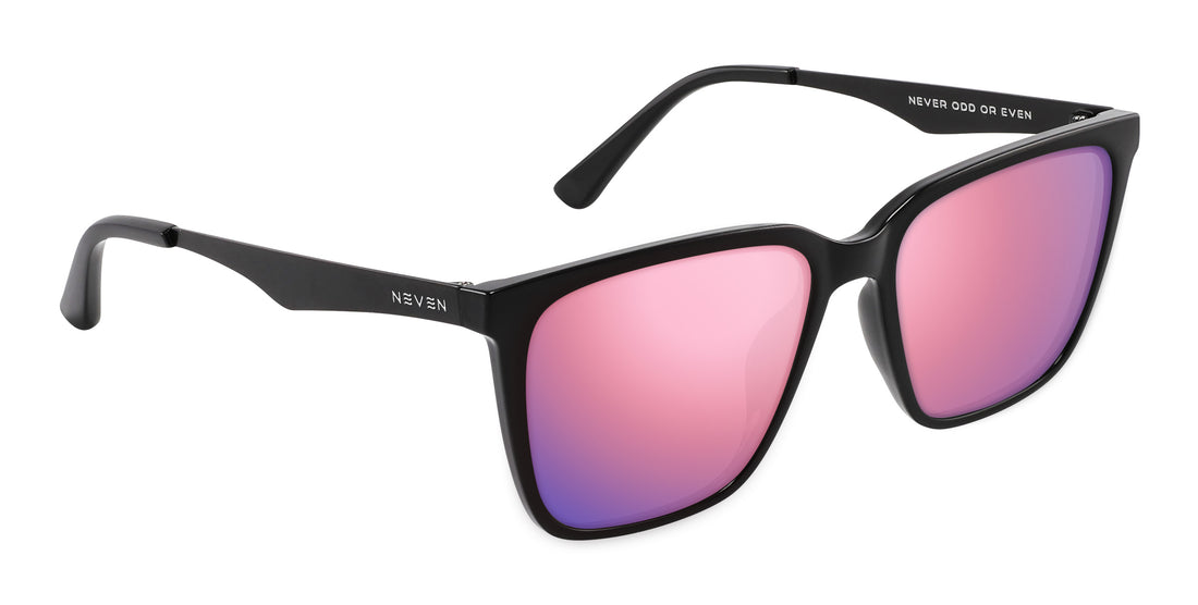 Three quarter view of Mamba sunglasses with glossy black frames, matte black temples and rose pink mirrored lenses