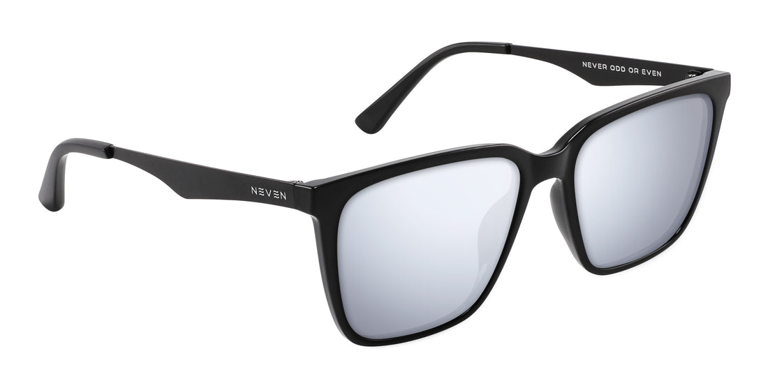 Angled view of Mamba sunglasses showcasing glossy black frames, matte metal temples and mirrored lenses on white background