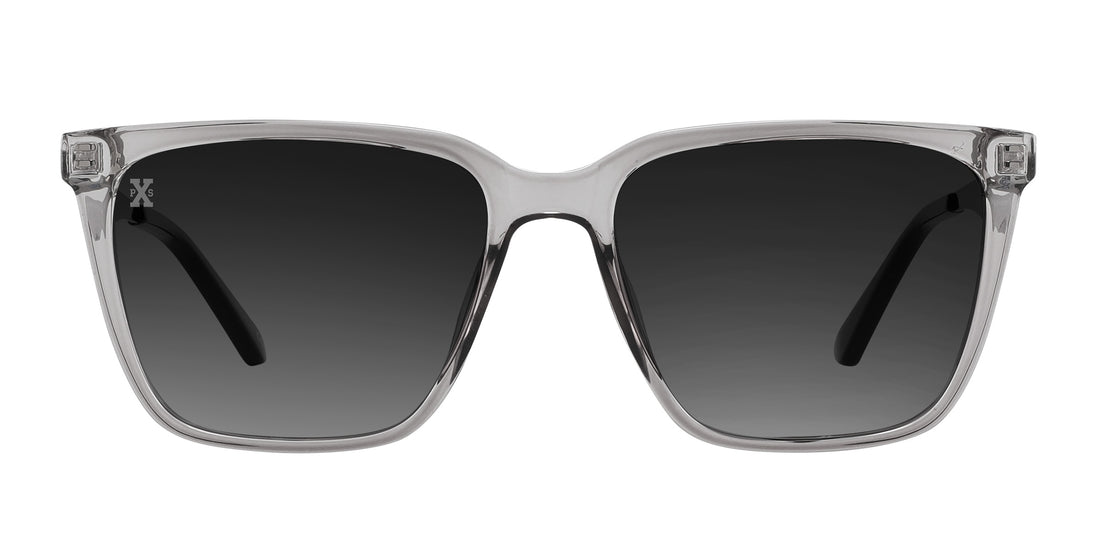 Front view of Tornado sunglasses with transparent gray frames, gray polarized lenses and silver temples on white