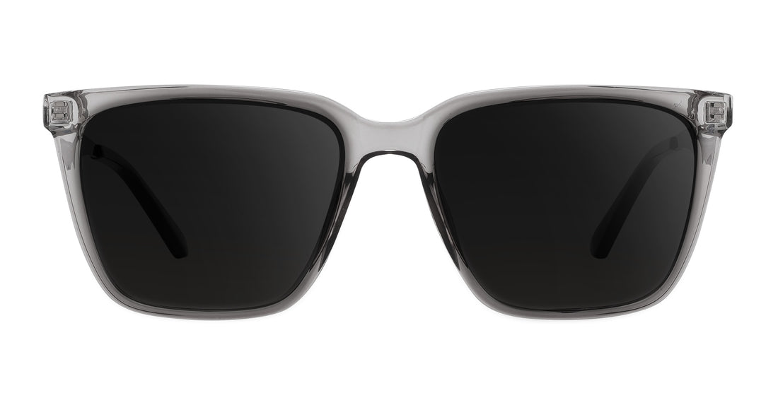 Front view of Tornado prescription sunglasses showcasing transparent gray frames and dark lenses with a white background