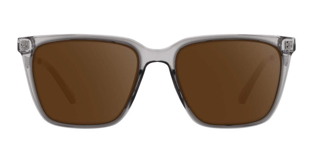 Front view of Tornado prescription sunglasses showcasing brown lenses and transparent gray frames with a white background