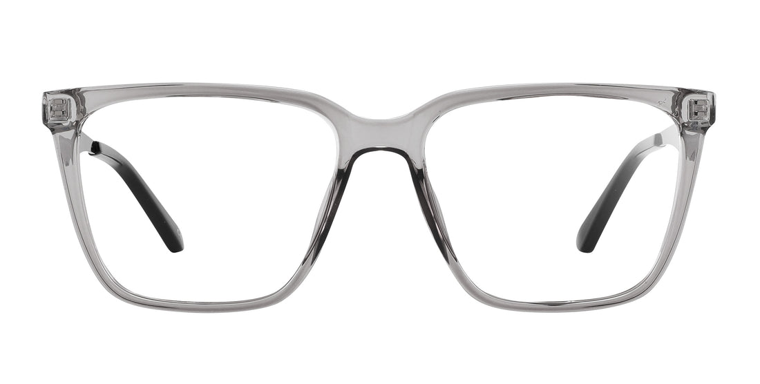 Front view of Tornado prescription glasses showcasing transparent gray frames and clear lenses on white background