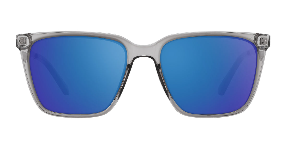 Front view of Tornado prescription sunglasses showcasing transparent gray frames and blue lenses on white background