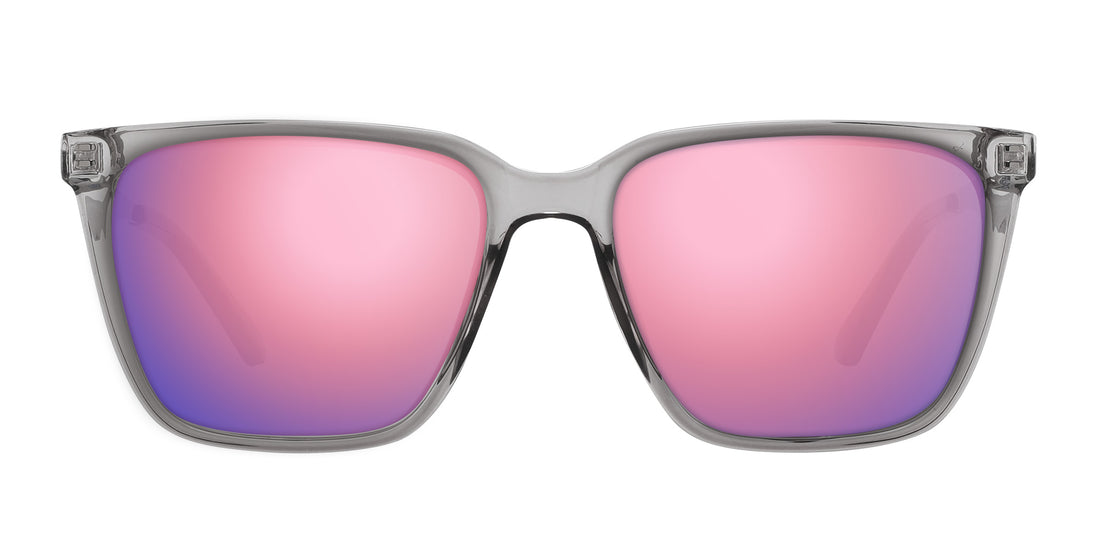 Front view of Tornado prescription sunglasses showcasing rose-pink lenses and transparent gray frames on white background