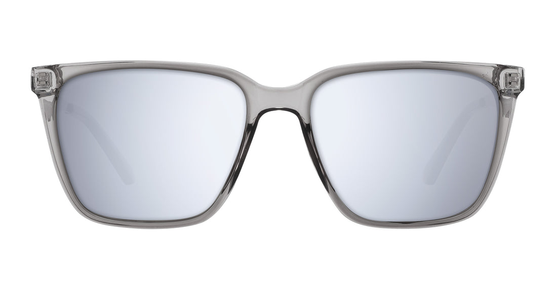 Front view of Tornado prescription sunglasses showcasing transparent gray frames and silver lenses on a white background