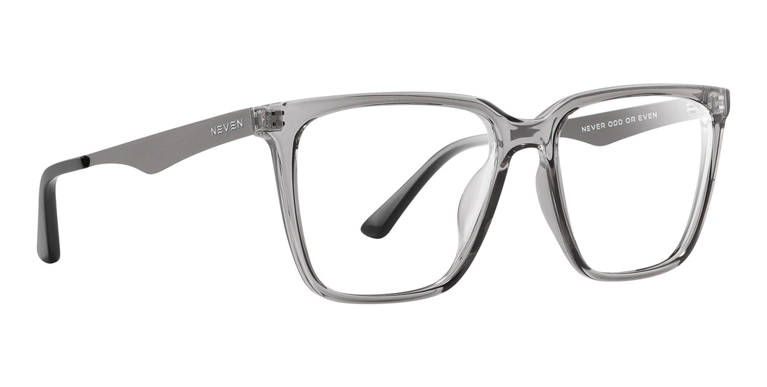 Three-quarter view of Tornado prescription glasses with transparent gray frames and silver metal temples on white