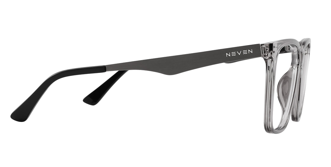 Side view of Tornado prescription sunglasses showcasing transparent gray frames and silver metallic temples on a white background