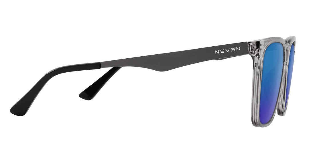Side view of Tornado sunglasses showcasing blue lenses with transparent gray frames and silver metallic temples on white