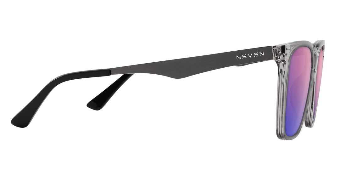 Side view of Tornado prescription sunglasses showcasing rose-pink lenses with transparent gray frames and silver metallic temples on white