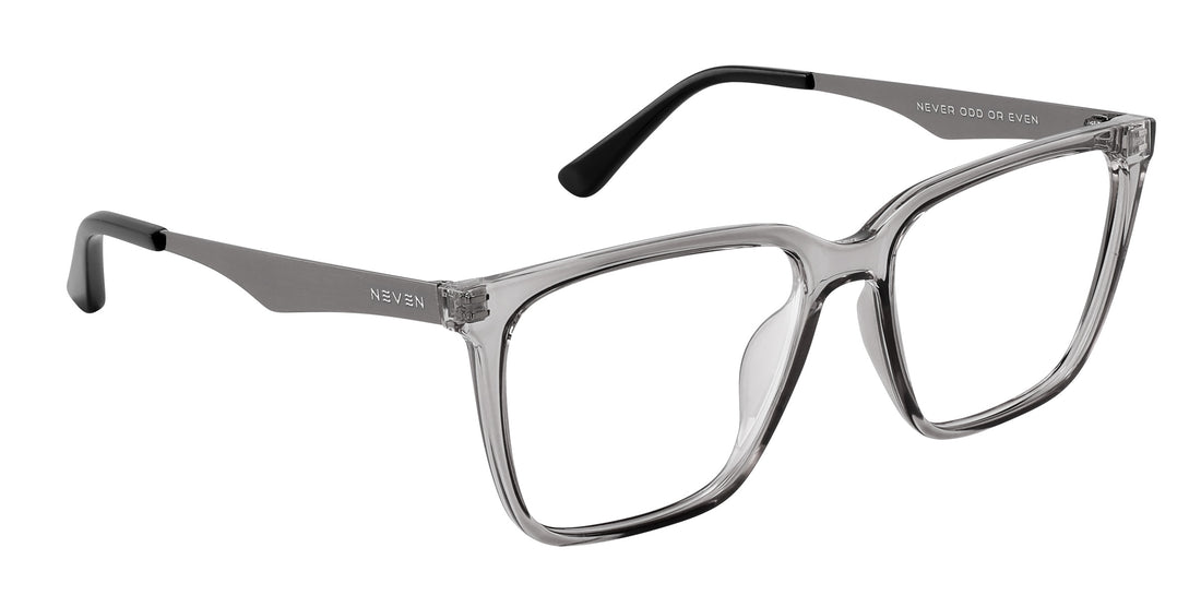 Three-quarter view of Tornado prescription sunglasses showcasing transparent gray frames and silver metallic temples on white