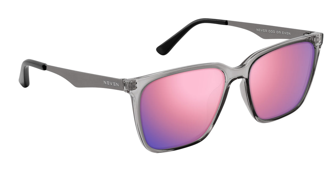 Three quarter view of Tornado prescription sunglasses showcasing pink and purple lenses with gray frames and silver temples