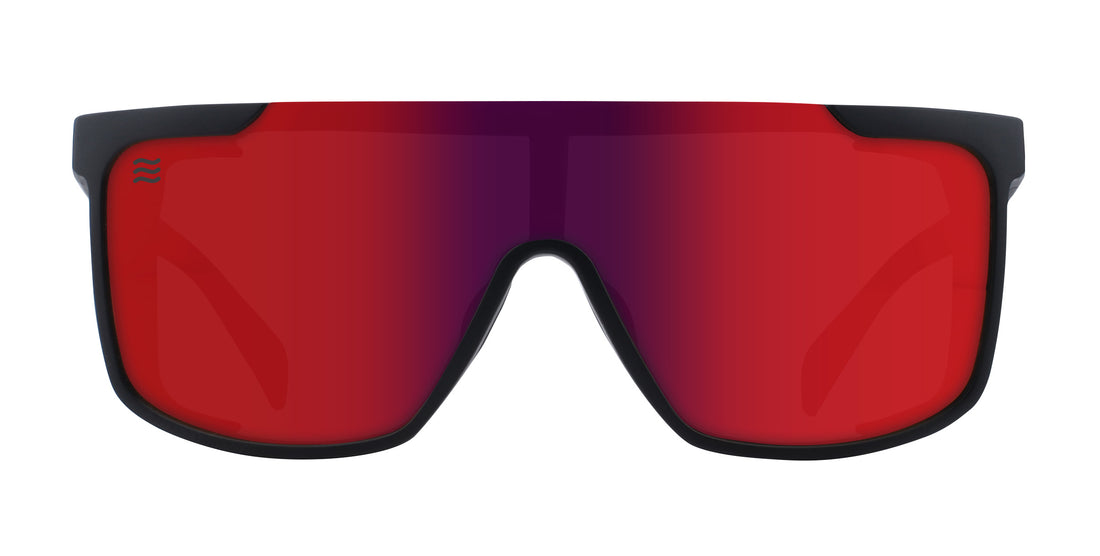 Front view of Blood Moon polarized sunglasses showcasing a red mirrored shield lens and black frame on a white background