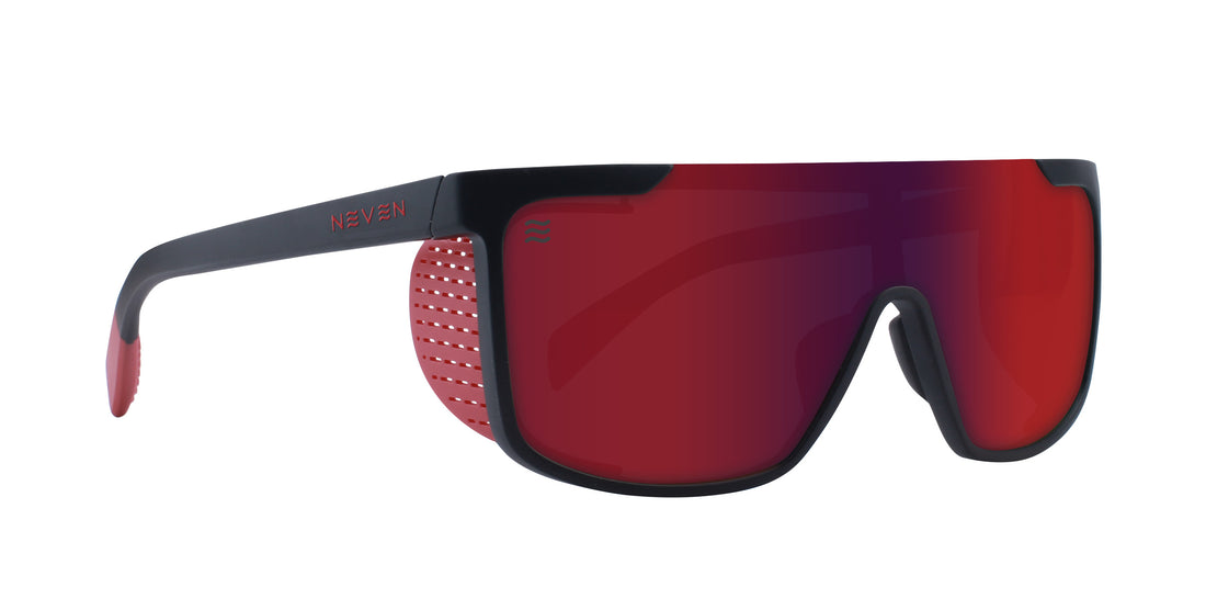 Side-angle view of Blood Moon sunglasses with red mirrored polarized shield lens, black frame and perforated red side shields