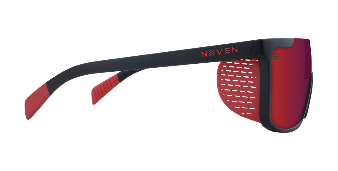 Right-side close-up of Blood Moon sunglasses showing removable side shield, red mirrored polarized lens, and red ear grip