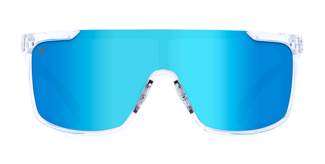 Front view of Night Watch polarized sunglasses showcasing mirrored blue Iced Earth lens and clear frame on a white background