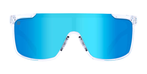 Iced Earth Clear Rectangular Polarized Sunglasses with blue lenses.