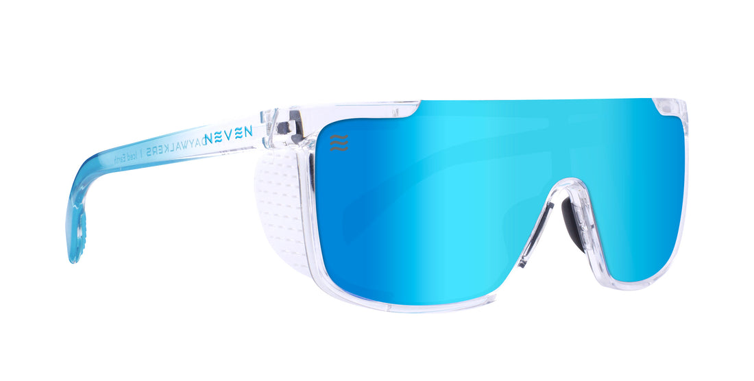 Angled front view of Blood Moon polarized sunglasses with mirrored blue Iced Earth lens and clear frame