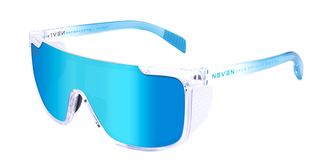 Close-up side view of Iced Earth sunglasses showcasing clear TR90 frames, blue mirrored shield lens and textured non-slip ear grips on white background