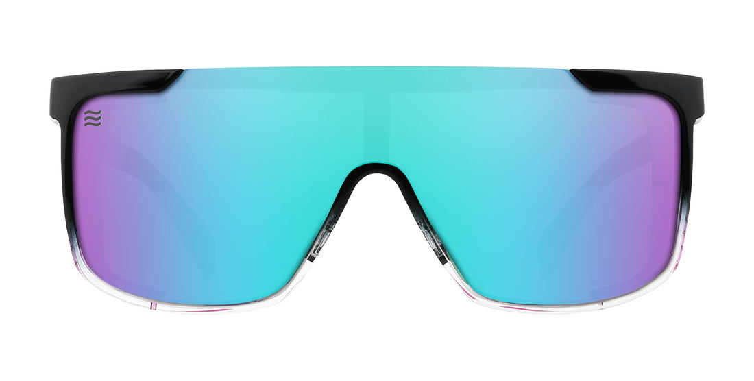 Front view of Night Watch sunglasses showcasing a blue-purple mirrored shield lens and black frame on white background